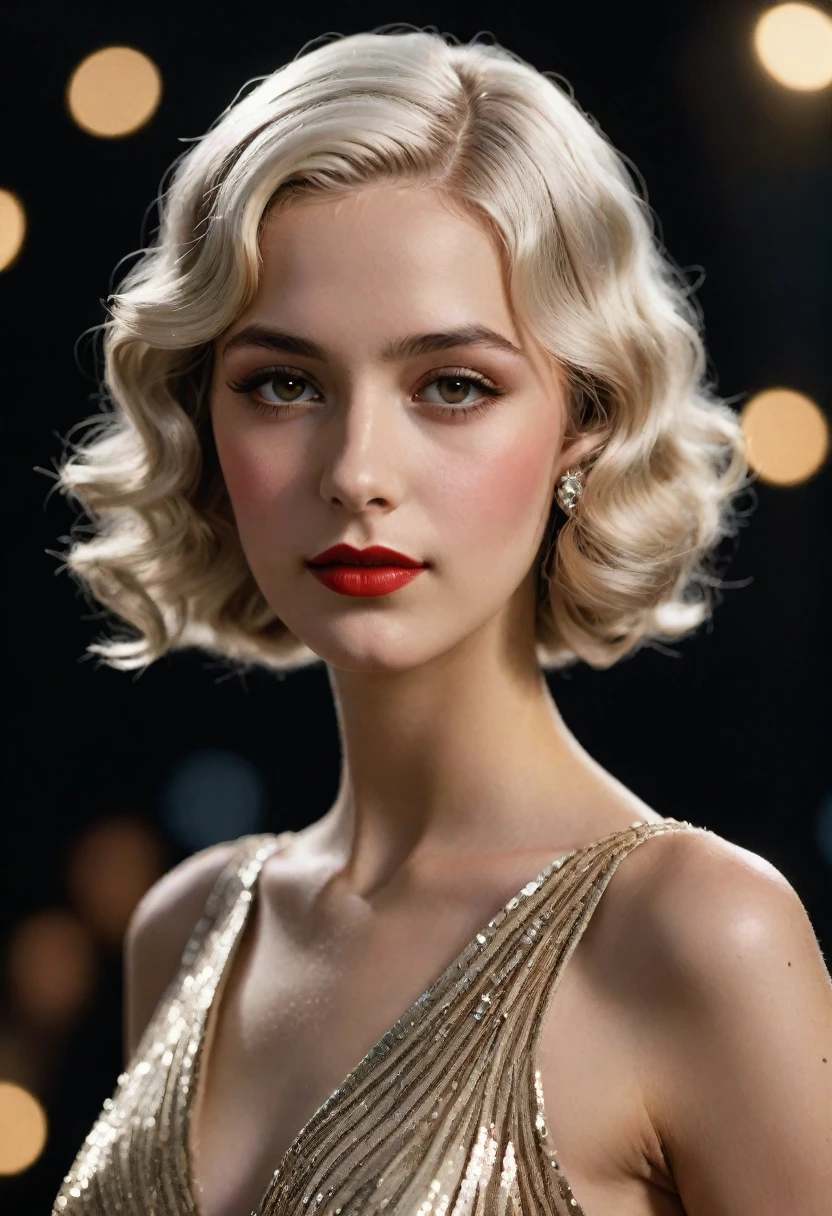 girl, 20 years old, (((French ethnicity))),  (((elegant 1920s singer))), waterwave hairstyle, vintage sequined dress, femme fatale, photorealism, highly detailed, ultra quality, cinematic lighting, realistic skin texture, (((white hair))) (feminine), ((alluring facial expression)), ((exquisitely detailed facial features)), ((perfect eyes)), 8k wallpaper, nikon, trending on Artstation, trending on CGSociety, (sensual), ((full lips)), (((slim waist))), (((wide hips))), (((golden eyes)))