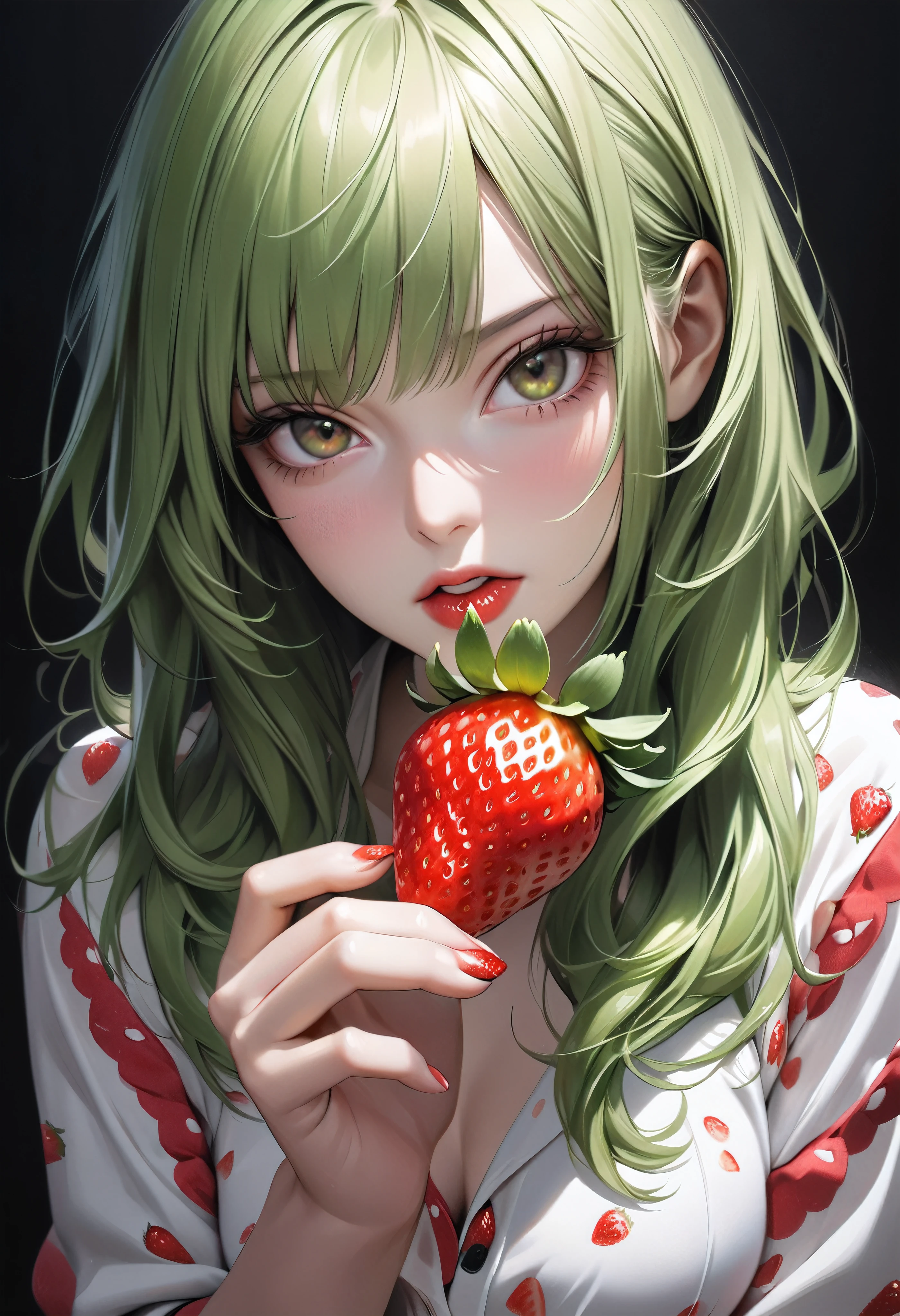 Ultra-realism, Just one strawberry, Looks extremely delicious, Attractive woman, Green Hair, Staring, Feed me strawberries, Adding an appeal that makes people want to eat strawberries,dramatic, A hand holding a strawberry approaches the viewer, Dark background without strawberries, 