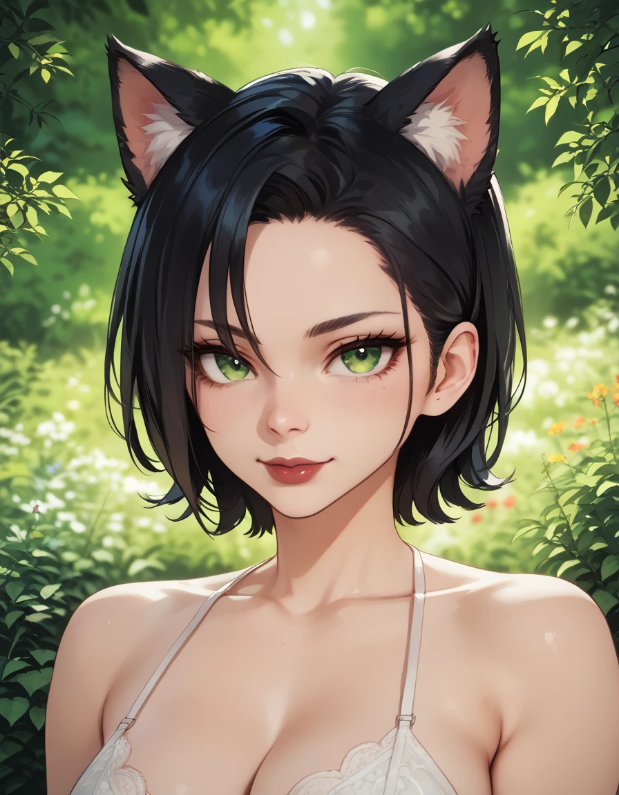 score_9, score_8_up, score_7_up, score_6_up, score_5_up, BREAK,source_anime, solo, masterpiece, hires,high resolution, best quality, 1girl, (best quality, hires textures, high detail:1.2),score_9,score_8_up,score_7_up, zPDXL, rating_explici,score_9, score_8_up, score_7_up, score_6_up, score_5_up, score_4_up, score_9,score_8_up,score_7_up,score_9,score_8_up,score_8,ultra detailed,beautiful ,cat ears, black hair, short hair,freyna,short hair, , red lips, green eyes, ,the first descendant