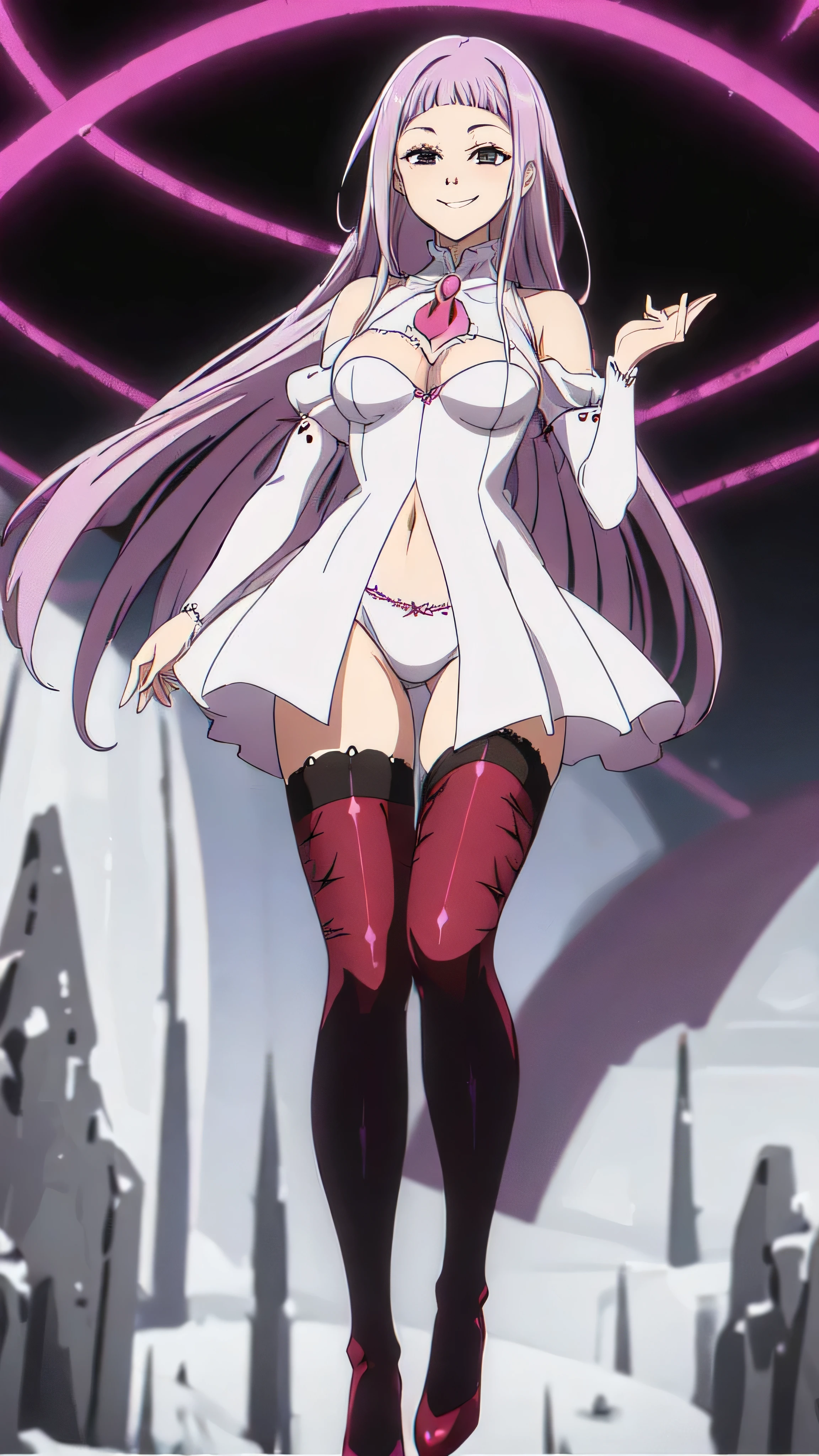 (masterpiece),(Highest quality),(Dark aura),Melascula,(anime),Hollow Eyes,length_hair,pink_hair,purple_hair,鈍い前hair,leotard,Knee socks,White bodysuit,White cloth,Medium chest,belly button,stomach,magic,,Are standing,Looking_in_Audience,two hands,Two legs,five fingers,evil background,, Wicked Smile, devilish aura (Shiny fabric:1.5),Dark world background,solo,feet,most evil Smirk,solo,most evil Smile
