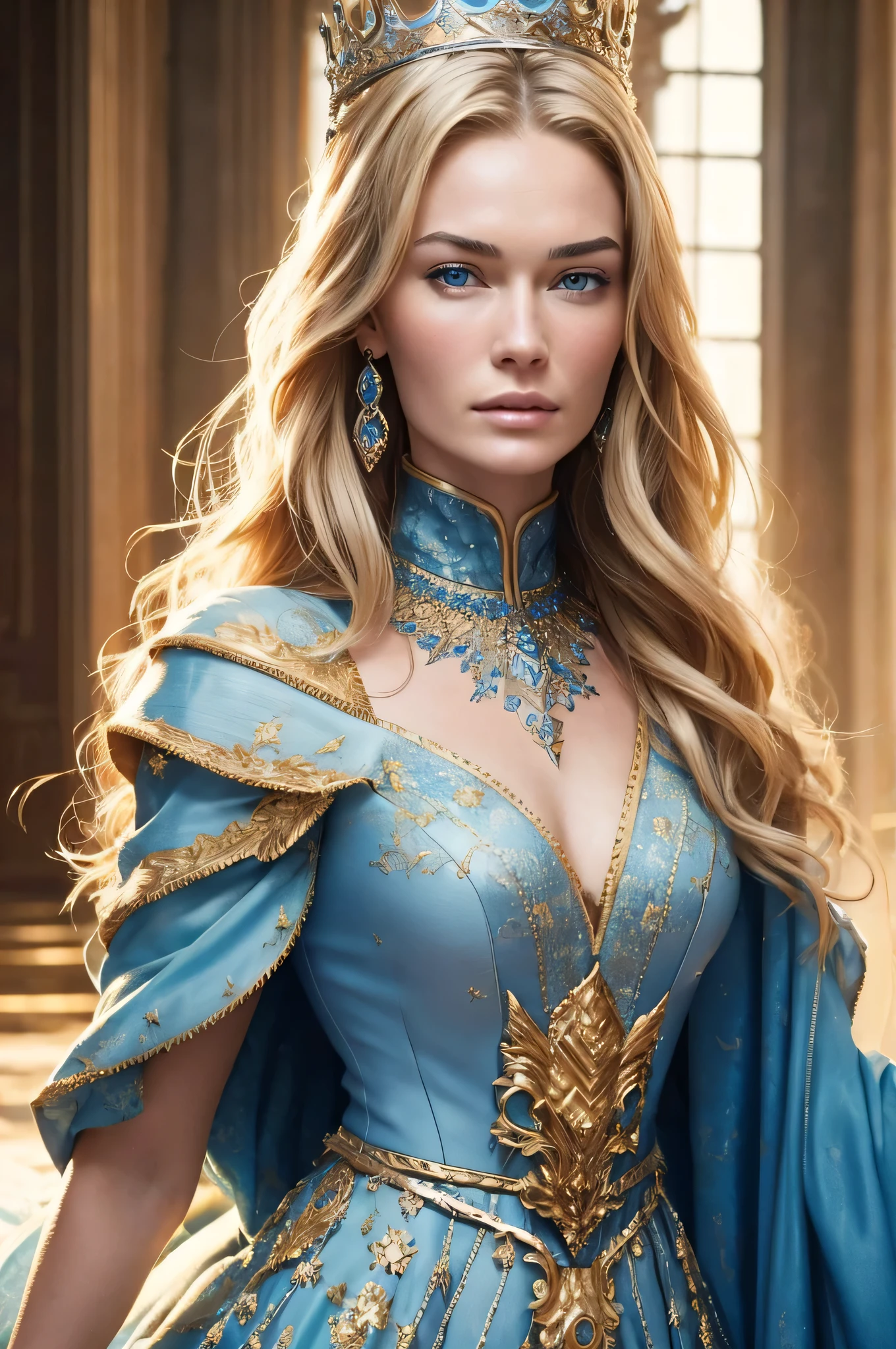 Lena Headey, de 16 anos, Face ultra detailed, ultra detailed blue eyes, long blonde hair, (queen dress), queen crown, (((work of art)))