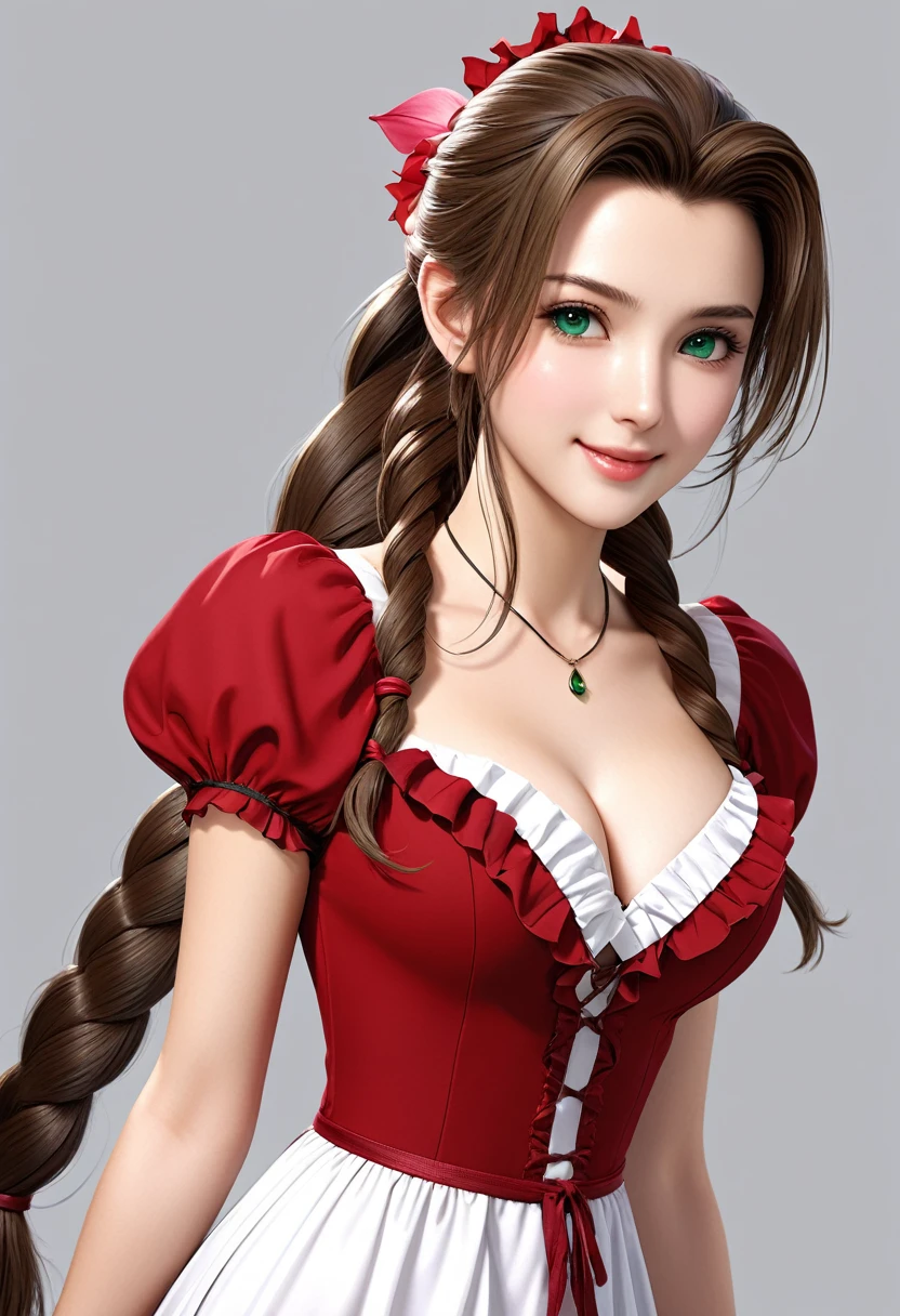 (((masterpiece))),((Highest quality)),(((photo realistic))),((look at viewer)),Beautiful girl, Aerith, Sexy witch, bangs、(Long Hair, Braided ponytail:1.5)、(((healthy shaped body, huge firm bouncing bust, Deep cleavage)))、23 years old、Translucent white skin, Clear emerald eyes, Sparkling sweat, (Gorgeous intricately structured red ruffle dress:1.65)、Japanese girl、 Beautiful digital artwork, Beautiful fantasy art, dynamic sely poses, A kind smile BREAK (simple white Background:1.6)