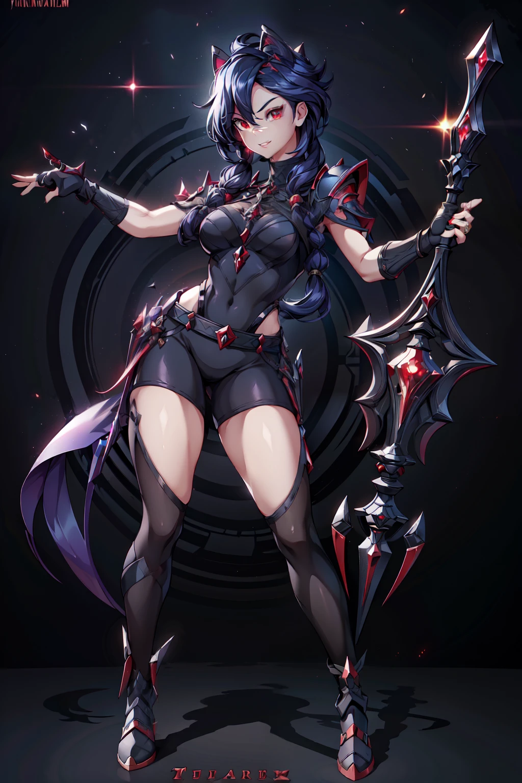 (masterpiece, best quality:1.2), red glowing eyes, red eyes, the eyes are red, perfect face, , strong make up, highres, 1 girl, solo, make up, (female:1.5), strife, long hair, shoulder armor, sleeveless turtleneck, suspenders, belt, gloves, bracer, evil smile, standing, portrait, looking at viewer, giant sword on the back, long leather boots, fullbody shot