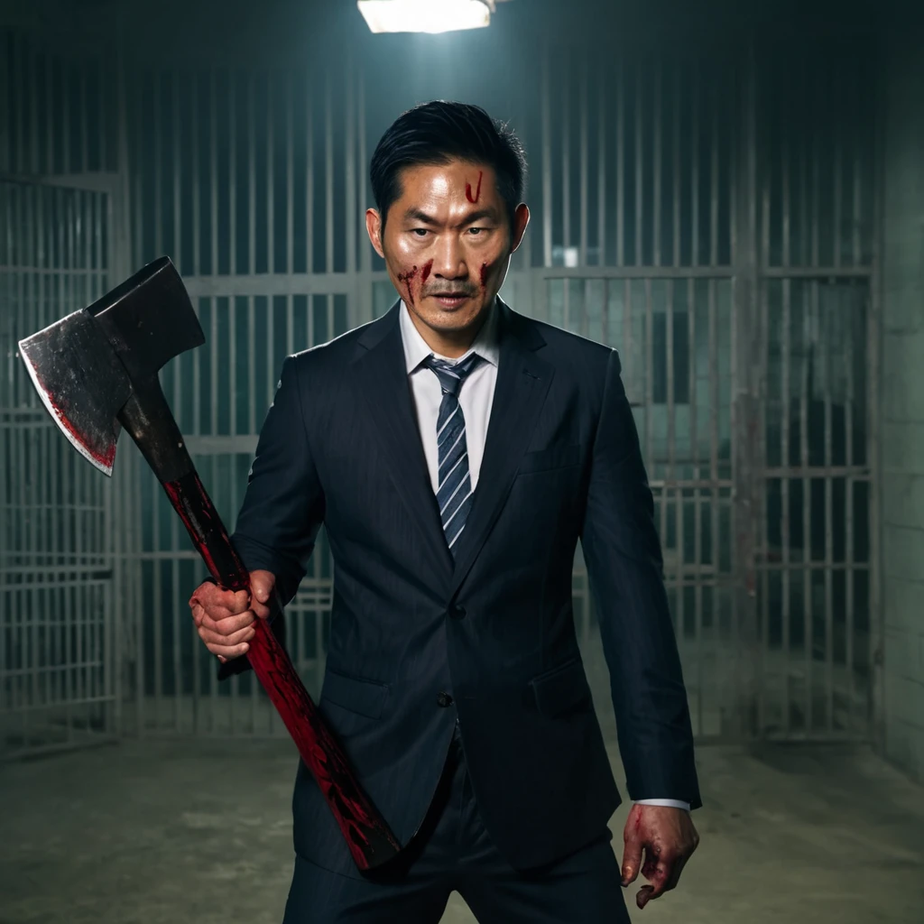 A 35-year-old Asian man in a suit holding a bloody axe in prison，80 mm, Scary lights
