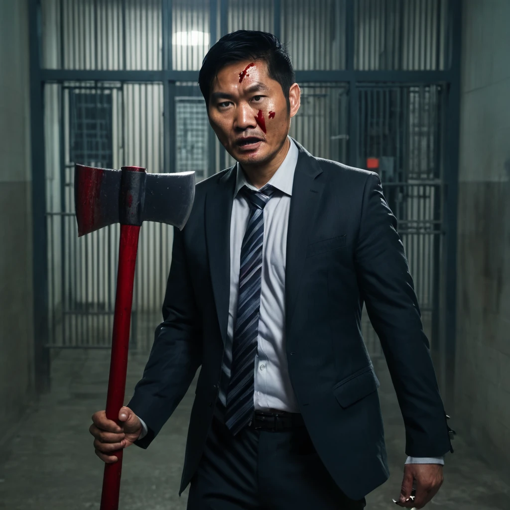 A 35-year-old Asian man in a suit holding a bloody axe in prison，80 mm, Scary lights