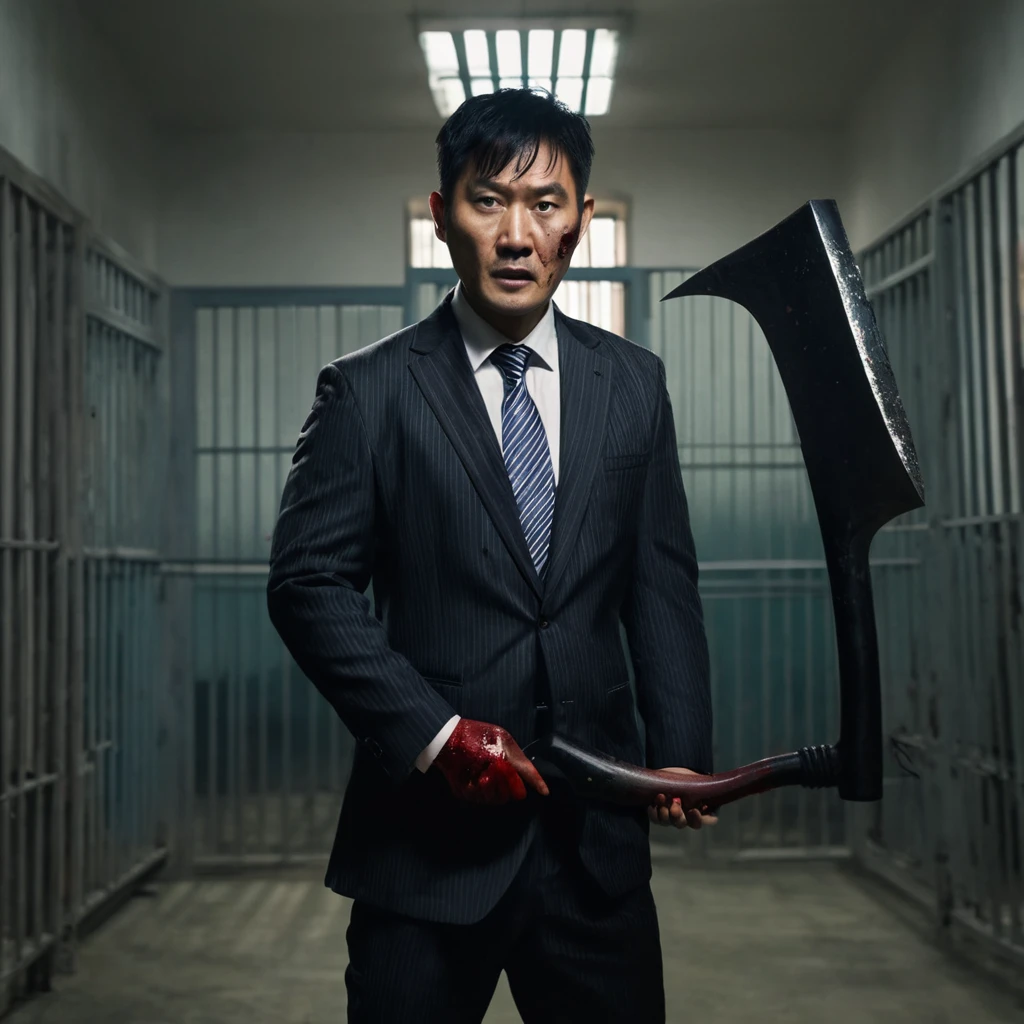 A 35-year-old Asian man in a suit holding a bloody axe in prison，80 mm, Scary lights