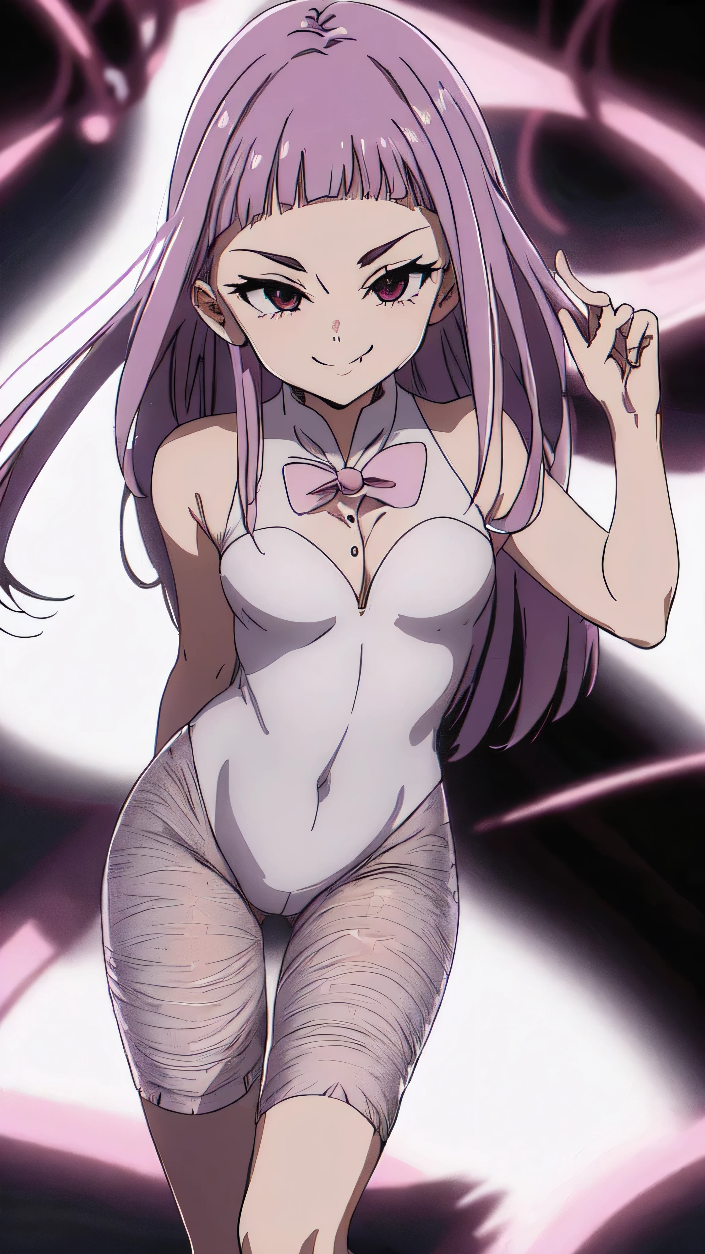 (masterpiece),(Highest quality),(Dark aura),Melascula,(anime),Hollow Eyes,length_hair,pink_hair,purple_hair,鈍い前hair,leotard,Knee socks,White bodysuit,White cloth,Medium chest,belly button,stomach,magic,,Are standing,Looking_in_Audience,two hands,Two legs,five fingers,evil background,, Wicked Smile, devilish aura (Shiny fabric:1.5),Dark world background,solo,feet,most evil Smirk,solo,most evil Smile