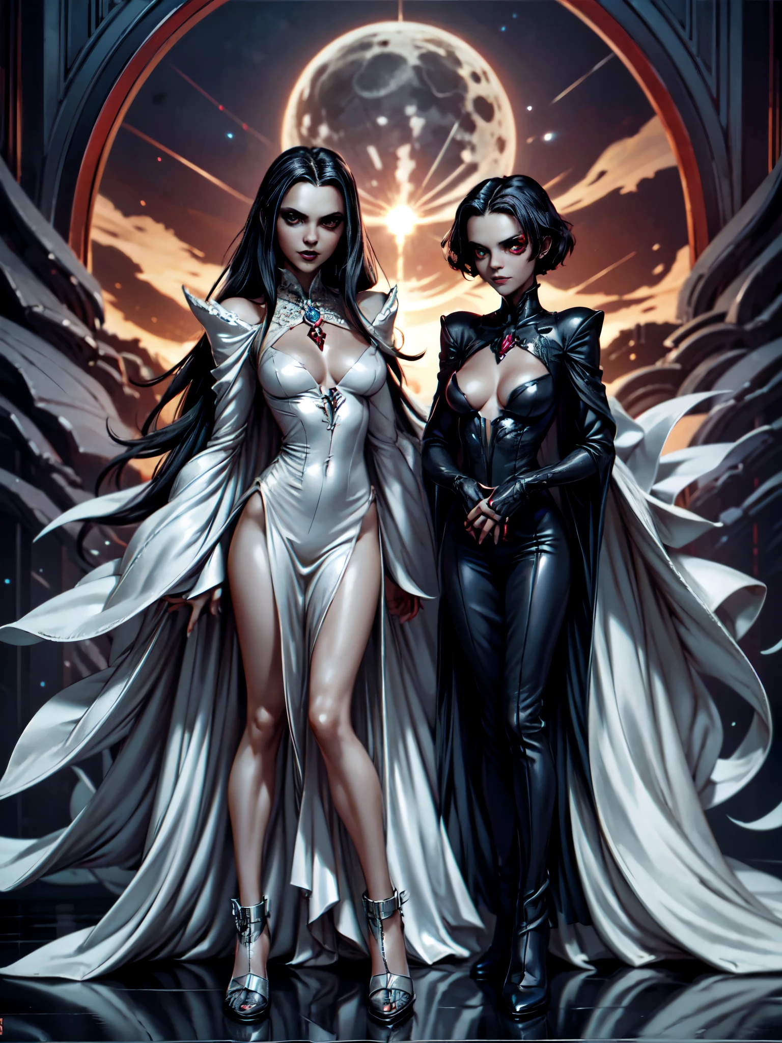 masterpiece, best quality, vampire family, full figure skinny mom whit old daughter, cinematic, moonlight night, best quality, full body shot, an elegant tall slender girl, 8k, perfect and deep shadows, detailed eyes, full body shot, high quality picture, high detailed background, HD shadows, (red glowing eyes:1.2), an evil grin, fangs are visible, pale skin, neodark, christinaricci-ti, chri5tinaricci9899, glowing eyes