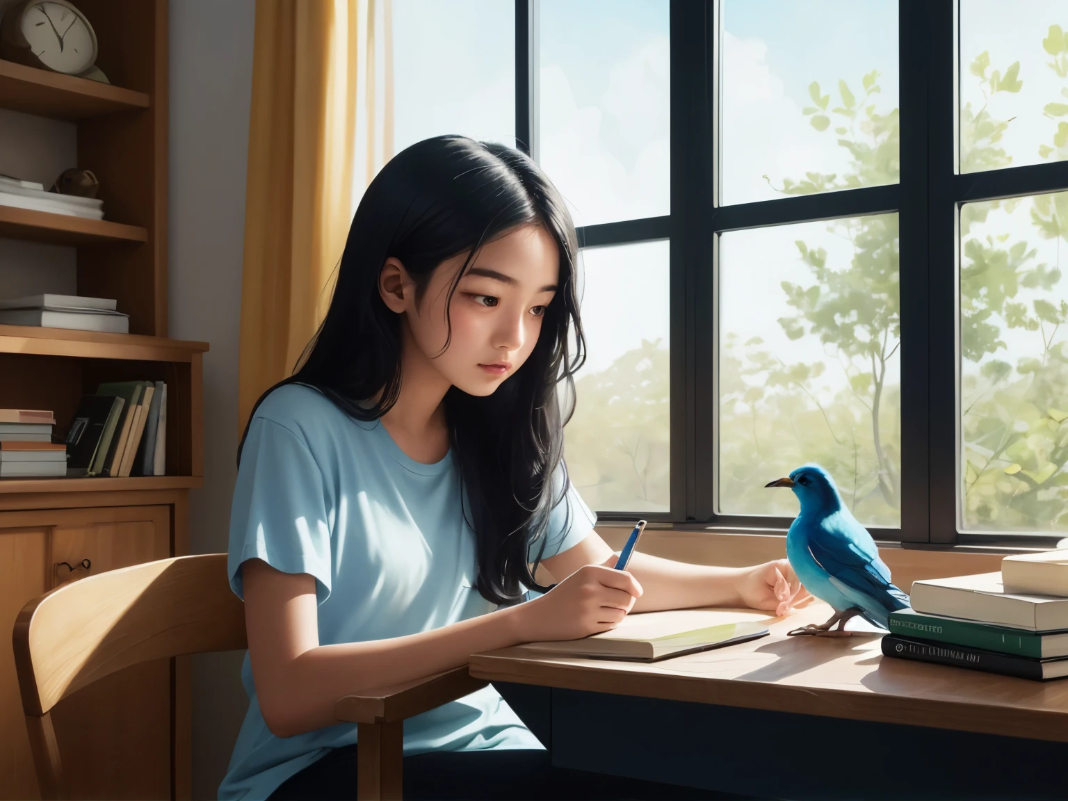 ((best quality)), ((masterpiece)), (detailed), A digital illustration of a long black haired teenage girl studying with a blue and white bird perched on her shoulder

