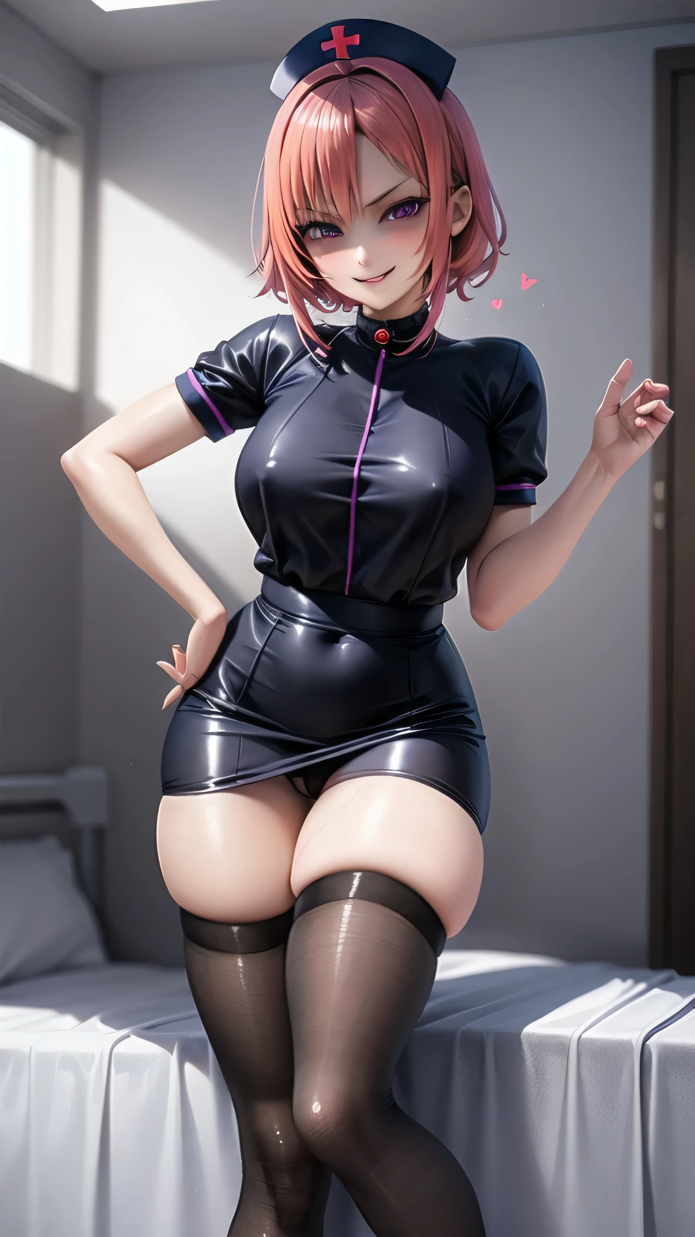 One Girl, alone,Black Nurse, black nurse cap, Black clothes, ((Black legwear, zettai ryouiki)), Black gloves, Very short hair, Orange Hair, smile, Open your mouth, Are standing, ((Hospital room)), Sharp contours, Short sleeve, Tomboy, boyish, Highest quality, masterpiece,facial,Heart symbol、uterine orifice、Fertilization, Glasses,Voice of the Heart,Breast milk,Ecstatic expression、Yandere、Until death、Purple eyes,blush、Downward shot,two hands,Two legs,five fingers,evil background,, Wicked Smile, devilish aura (Shiny fabric:1.5),Dark world background,solo,feet,most evil Smirk,solo,most evil Smile