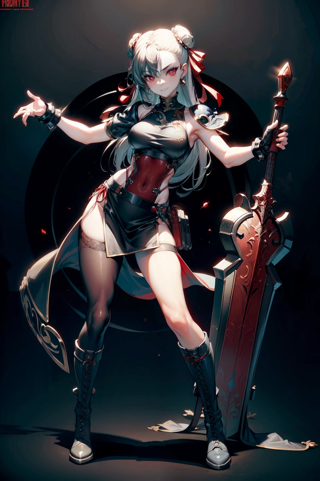 (masterpiece, best quality:1.2), red glowing eyes, red eyes, the eyes are red, perfect face, , strong make up, highres, 1 girl, solo, make up, (female:1.5), strife, long hair, shoulder armor, sleeveless turtleneck, suspenders, belt, gloves, bracer, evil smile, standing, portrait, looking at viewer, giant sword on the back, long leather boots, fullbody shot
