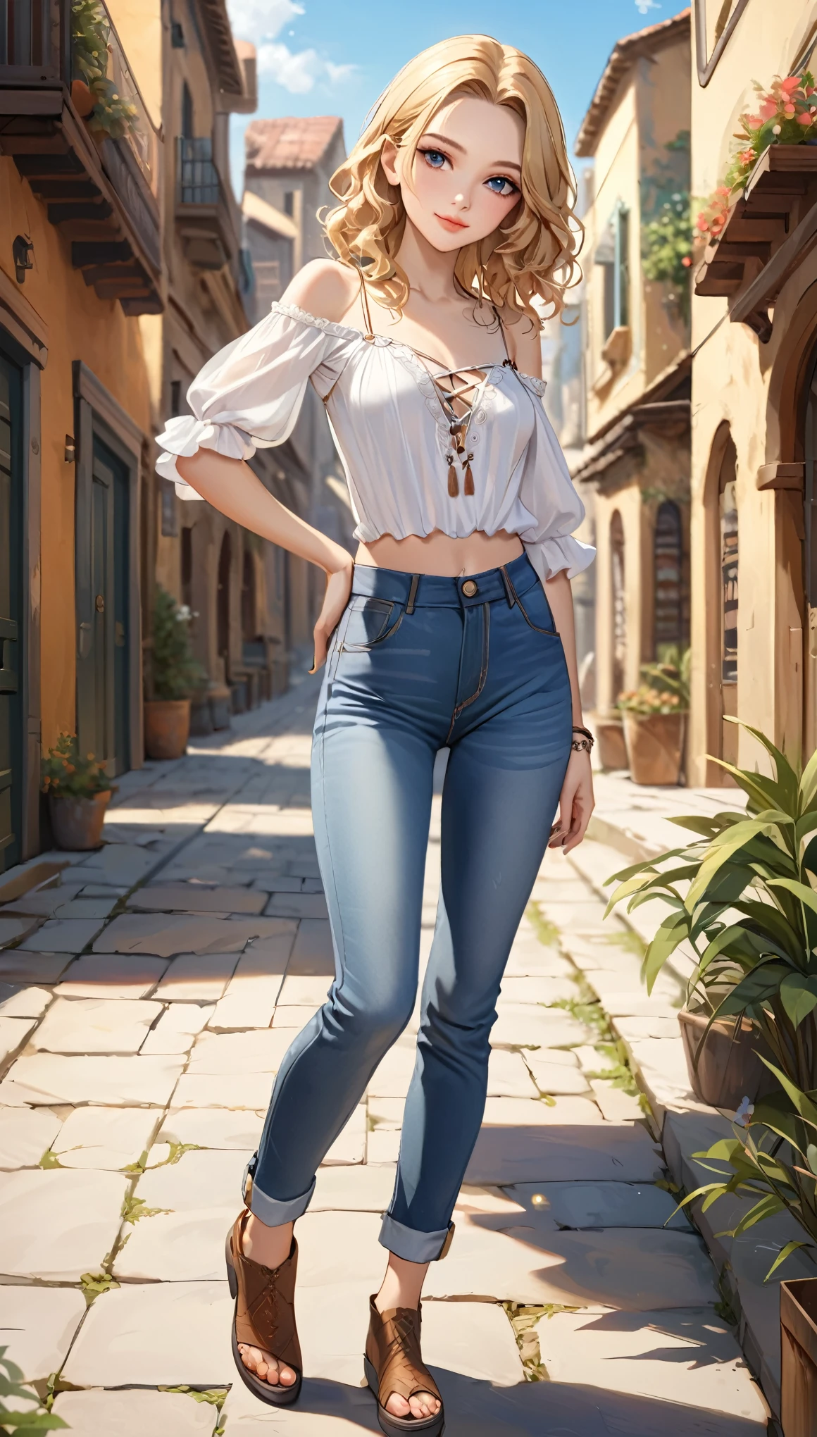 ((best quality, masterpiece:1.3, 8K)), (detailed), highly detailed face and skin texture, detailed eyes, full body, outdoor, (slender body:1.1), 1girl, (solo), (18+ years old), white skin, bright lips, seductive smile, medium hair, forehead, blonde hair, wavy hair, boho outfit, medium breast, (jeans pants),