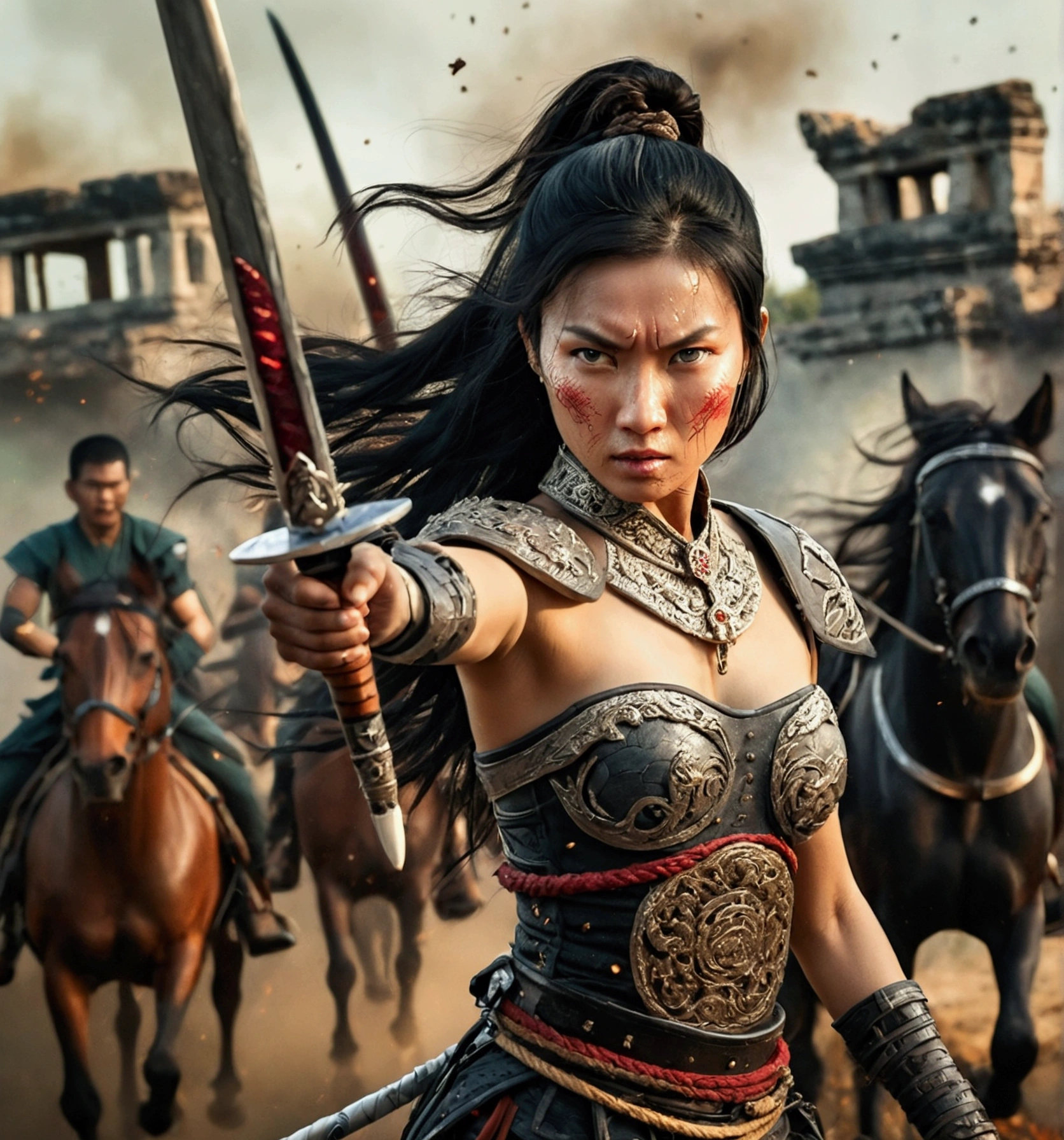 Vertical image, Thai female general with black hair, brown eyes, Beautiful face, elegant, strong, Has a tattoo of amulets and characters on his arm., She wore dark black armor., Wearing a short black women&#39;s loincloth, The right hand holds a Thai sword. The handle has an exquisite Thai pattern., The left hand holds the rope to control the horse., She is on a black horse., (There was an army in black riding on black horses behind her.), (The background is an ancient ruin and smoke.), There is a flock of crows in the sky., (The mood of the picture is full of strength and fierceness.)