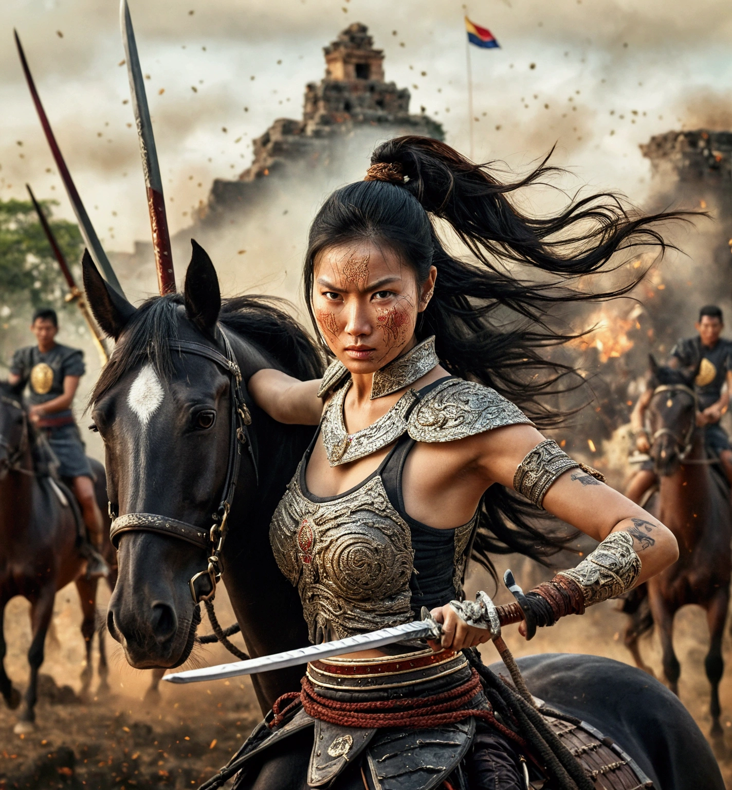 Vertical image, Thai female general with black hair, brown eyes, Beautiful face, elegant, strong, Has a tattoo of amulets and characters on his arm., She wore dark black armor., Wearing a short black women&#39;s loincloth, The right hand holds a Thai sword. The handle has an exquisite Thai pattern., The left hand holds the rope to control the horse., She is on a black horse., (There was an army in black riding on black horses behind her.), (The background is an ancient ruin and smoke.), There is a flock of crows in the sky., (The mood of the picture is full of strength and fierceness.)
