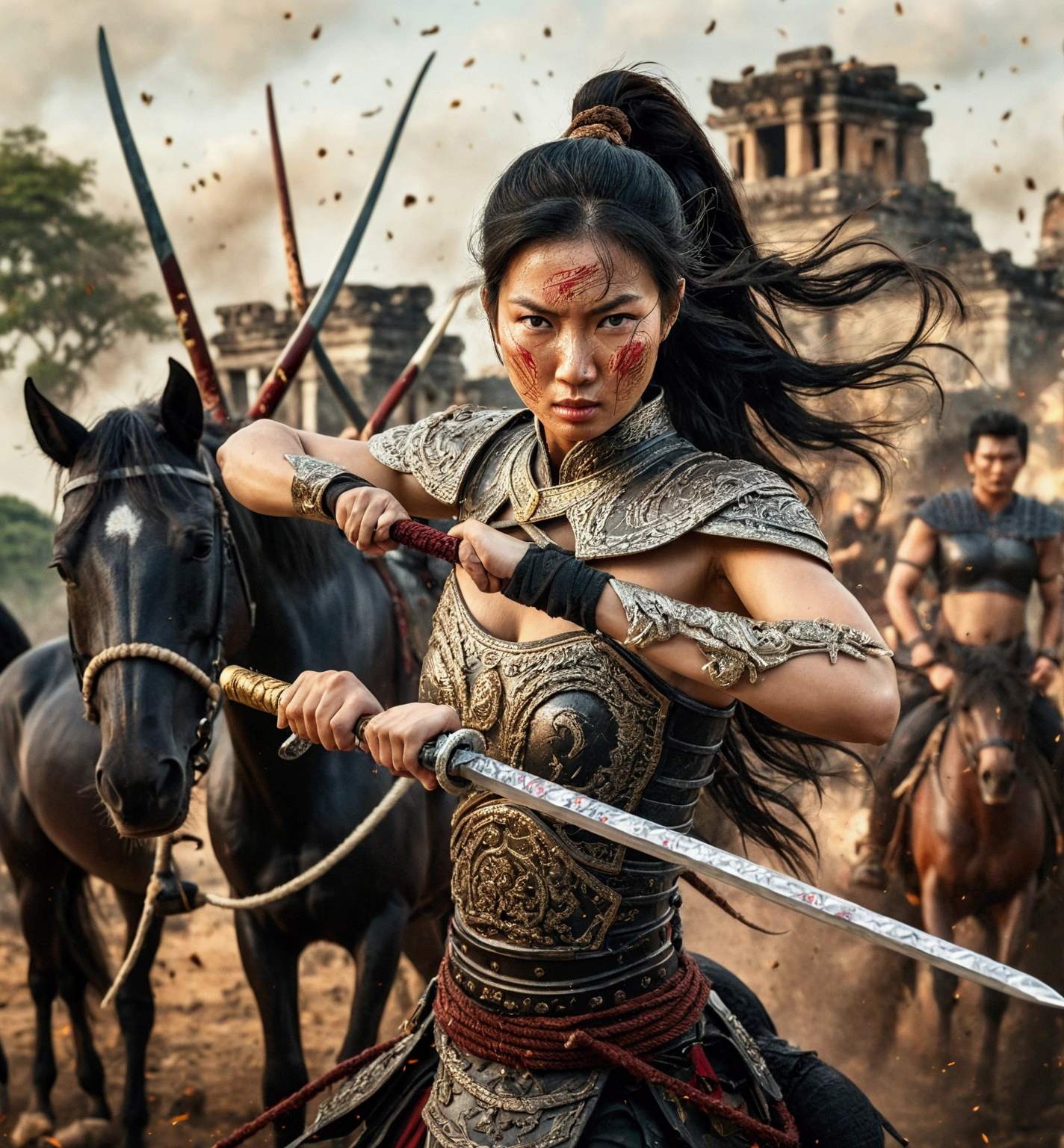 Vertical image, Thai female general with black hair, brown eyes, Beautiful face, elegant, strong, Has a tattoo of amulets and characters on his arm., She wore dark black armor., Wearing a short black women&#39;s loincloth, The right hand holds a Thai sword. The handle has an exquisite Thai pattern., The left hand holds the rope to control the horse., She is on a black horse., (There was an army in black riding on black horses behind her.), (The background is an ancient ruin and smoke.), There is a flock of crows in the sky., (The mood of the picture is full of strength and fierceness.)