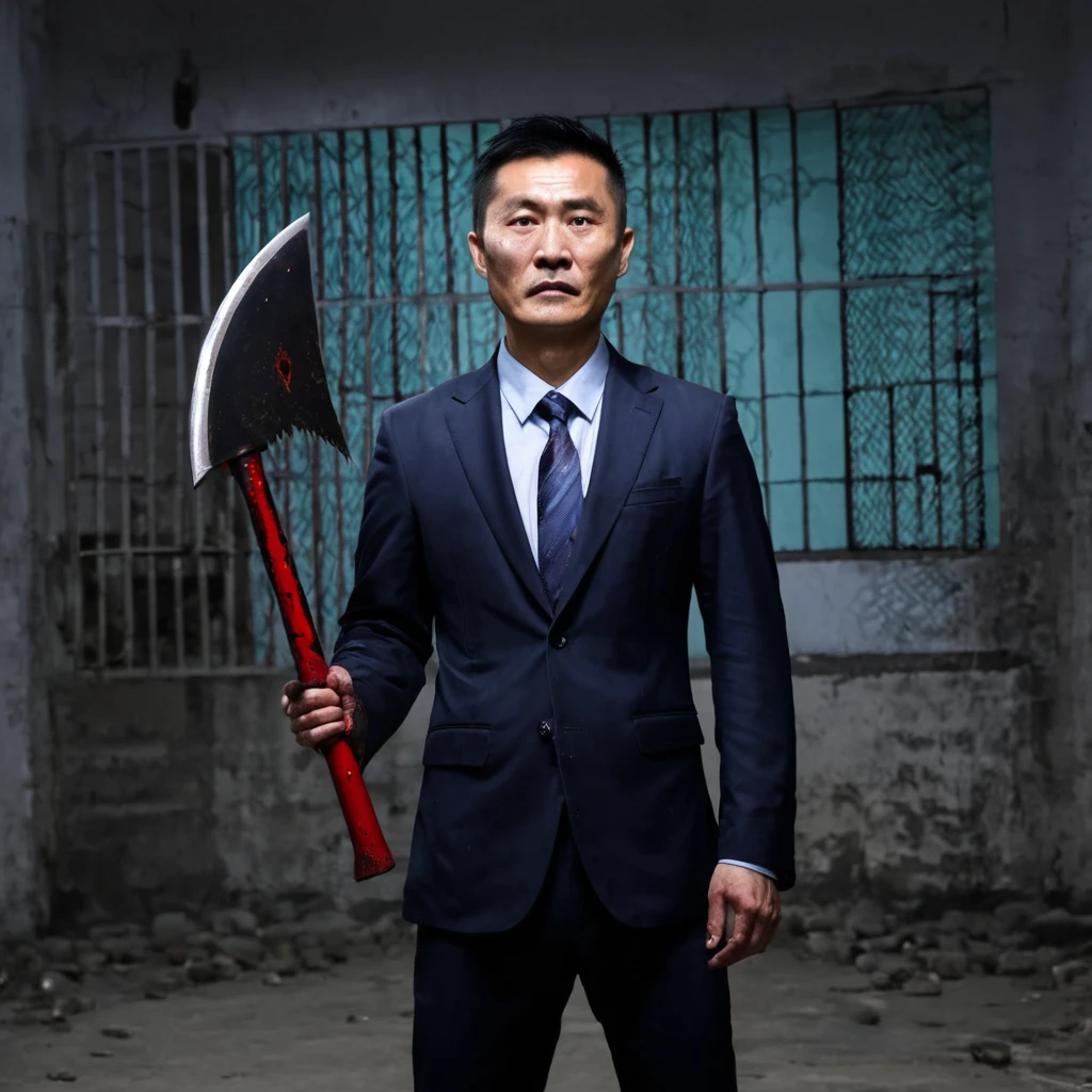 A 35-year-old Chinese man in a suit in prison holding a bloody axe,80 mm, Scary lights