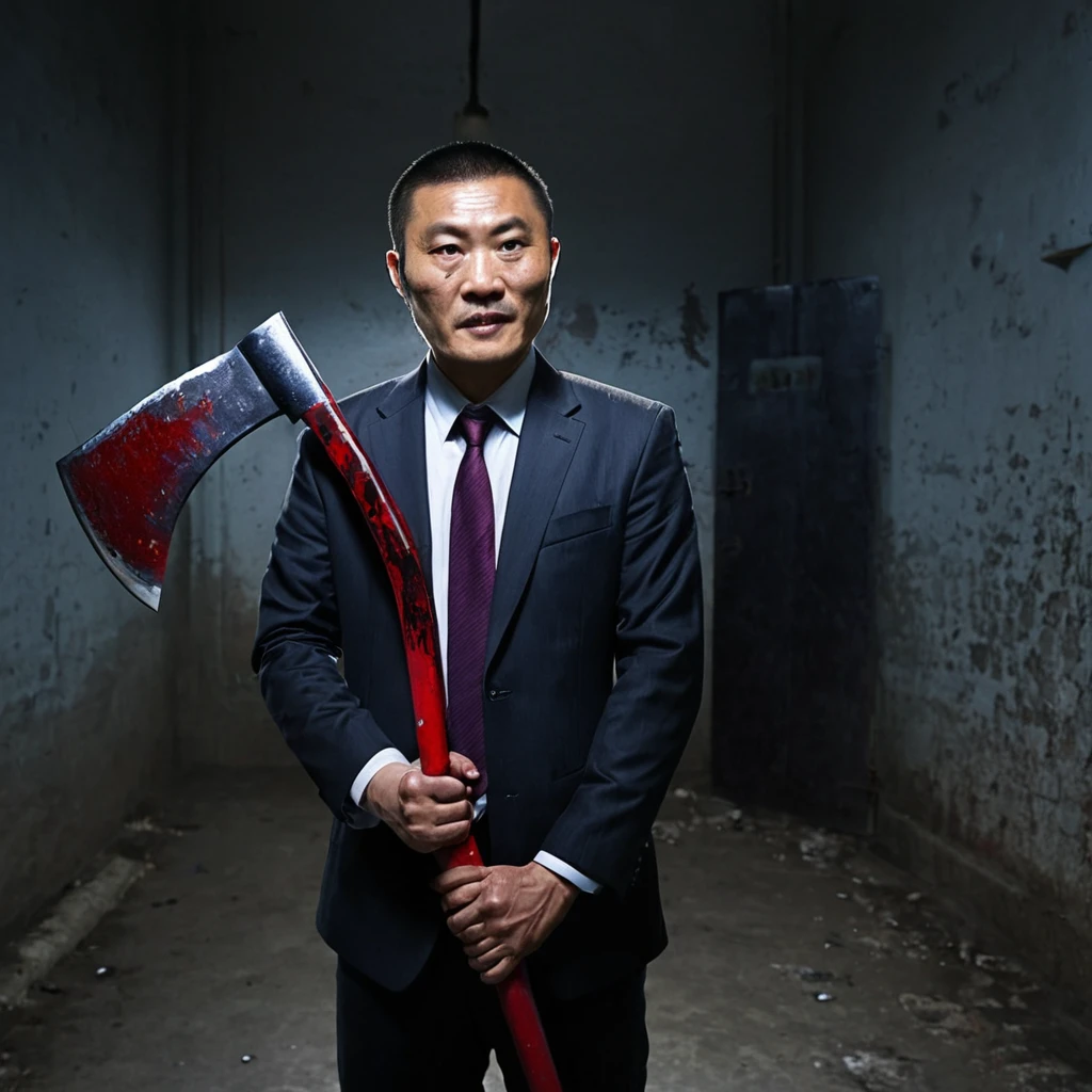 A 35-year-old Chinese man in a suit in prison holding a bloody axe，80 mm, Scary lights
