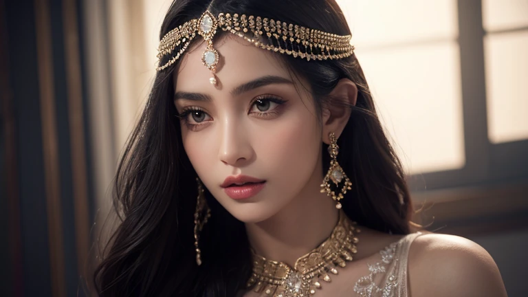 A beautiful Arabic woman, detailed face, high quality, photorealistic, cinematic lighting, dramatic lighting, dark background, intricate jewelry, elegant dress, graceful pose, serene expression, delicate features, long eyelashes, full lips, mesmerizing gaze, ornate headpiece, cascading hair, shimmering fabric, mysterious atmosphere, chiaroscuro lighting, moody tones, deep shadows, dramatic contrast