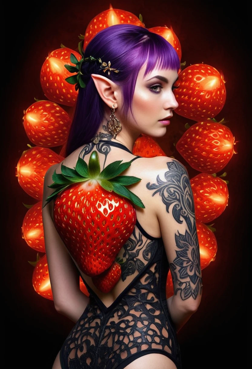 Arafed, Dark fantasy art, fantasy art, goth art, a picture of a tattoo on the back of a female elf, a glowing tattoo of a ((strawberry: 1.3)) on the elf's back, the ((strawberry tattoo)) is vivid, intricate detailed GlowingRunesAI_purple, ((fire surrounds the strawberry: 1.5)), shoot taken from the back, ((the back is visible: 1.3), she wears a transparent black dress, the dress is elegant, flowing, elven style, that the tattoos glow, dynamic hair color, dynamic hair style, faize,, Digital Painting, strwbrrxl