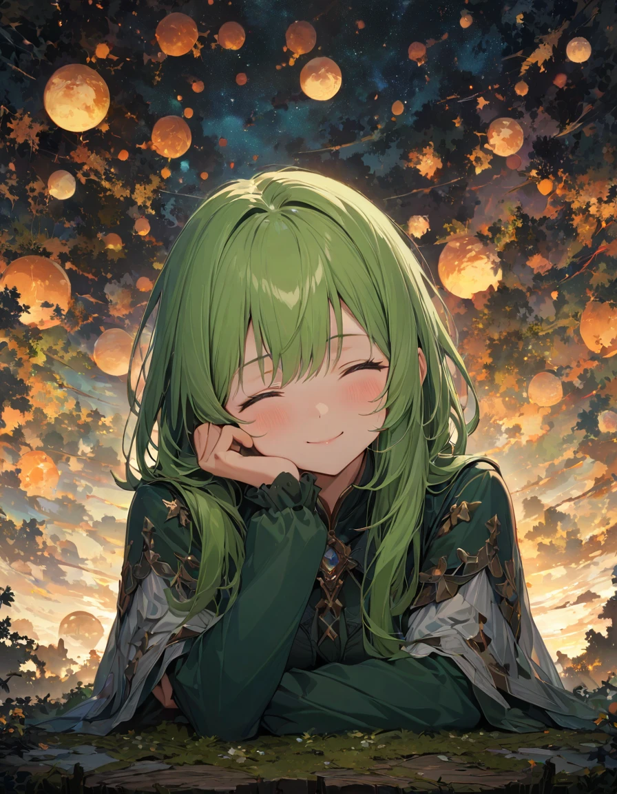 Highest quality,masterpiece,Very detailed, finely, High resolution, 8k wallpaper, finelyて美しい目,Cheek resting pose, She rests her chin on her hand, wearing her sleeves, and smiles gently. Looking down or up makes her look even cuter.Green-haired girl