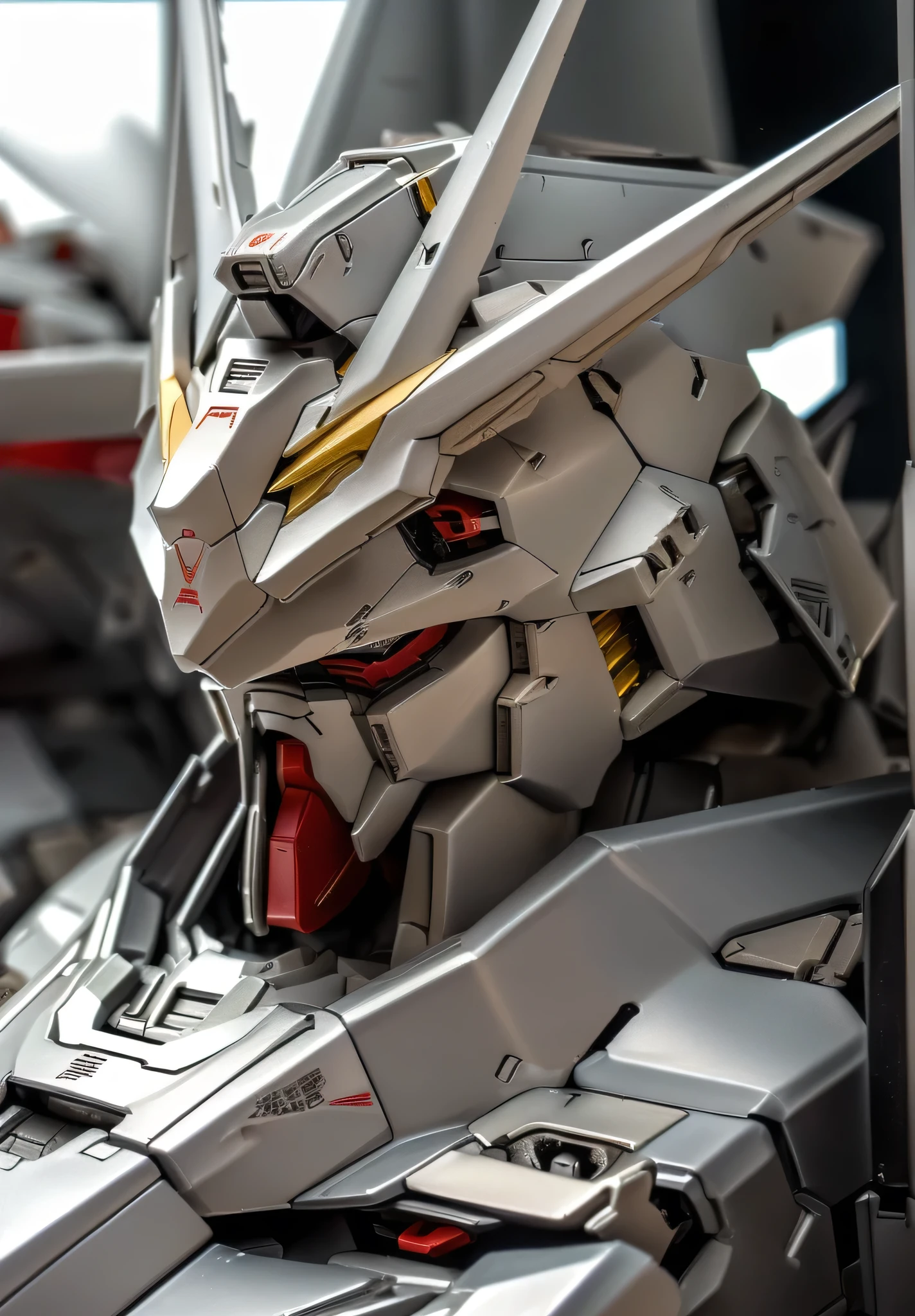 sharp contours, ((Natural light:1.2)),Close-up view of the Gundam from the left oblique angle, 8k, masterpiece、Gundam close-up, V-fin, gundam head, Ultra-detailed, Gundam style, gundam armor, Incredibly Sharp Detail, Ultra-detailed、uhd, masterpiece, 8k, accurate, super detail, best quality, highres, heavy weapon-style Gundam, mecha robot,no humans,mecha armor, (Silver color scheme:1.2), gleen eyes, Simple background, mechanical parts, robot joints, best quality, masterpiece, ultra-detailed,