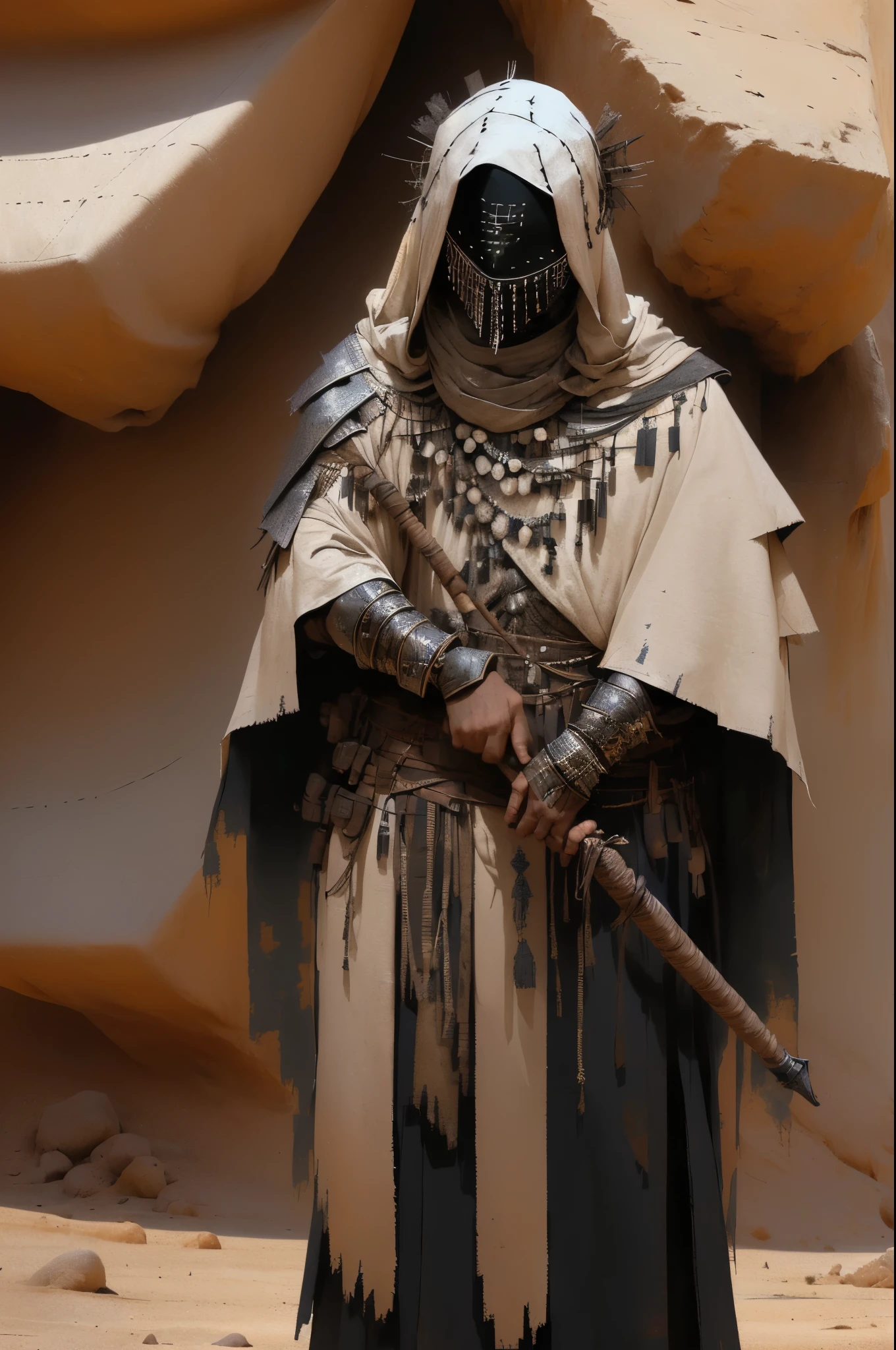 a person in the desert, wearing tattered robes, has a veiled mask that completely conceals face, wears a metal amigasa style Japanese hat, has torn and tattered robes underneath scrappy leather armor, tattered shoulder cape similar to a simar, cloth wrap bracers around forearms, metal quarterstaff, lone wanderer