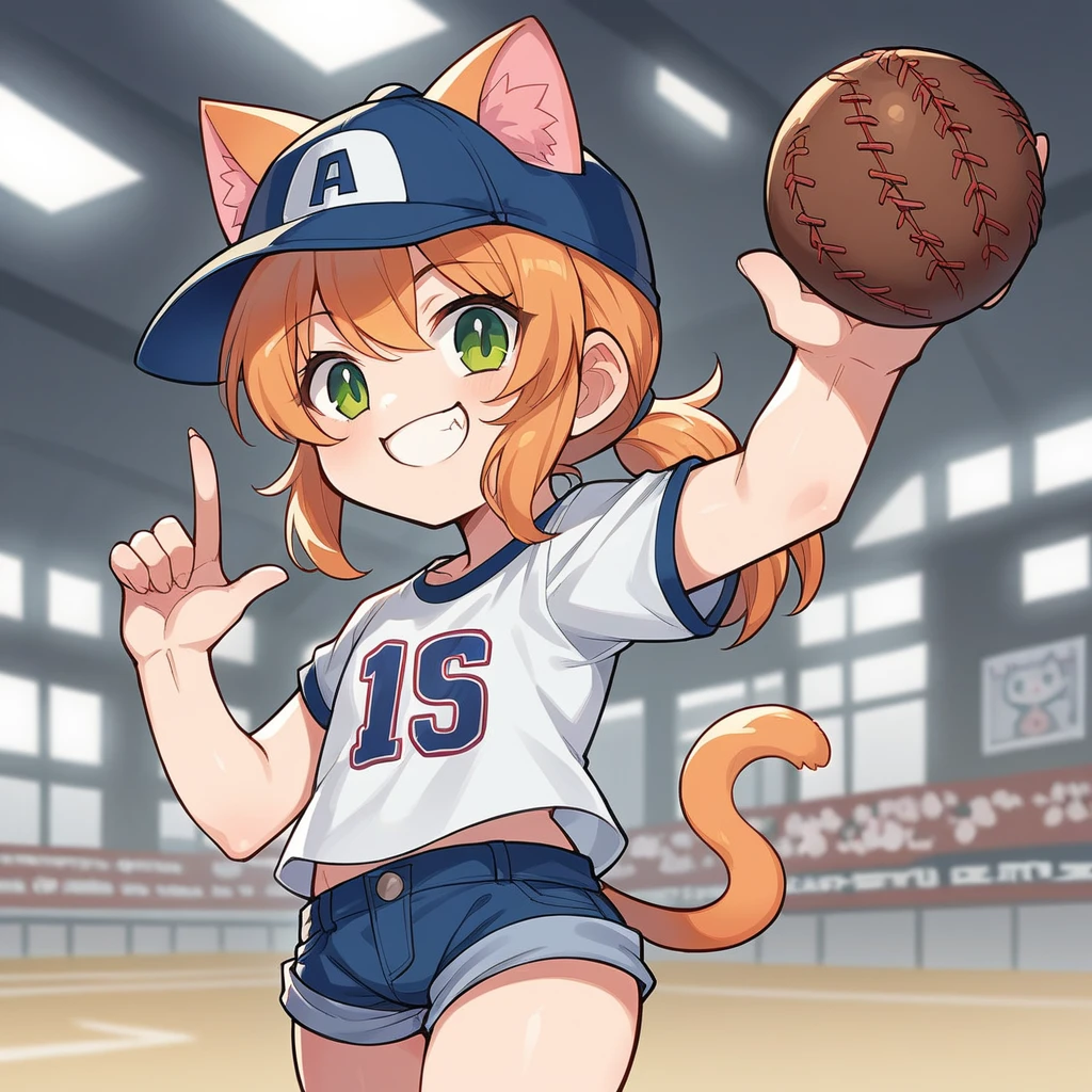 source_anime, score_9, score_8_up, BREAK a chibi 1girl on a factory on fire, cat ears, baseball hat, shirt, shorts, smile