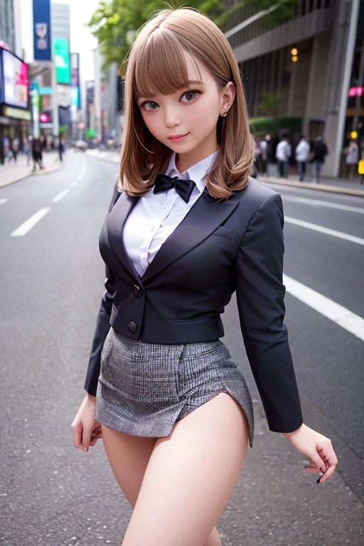 In the city、On the road、(Miniskirt Uniform、Mini Skirt Costume、miniskirt cosplay、Mini skirt outfit、mini skirt outfit、Sexy miniskirt college girl)、1 girl、Medium breast、Bob Hair、masterpiece:1.3、Raw photo、Highest quality、Highest quality、Detailed image quality、Detailed Background、Walking in front of Shibuya Station、