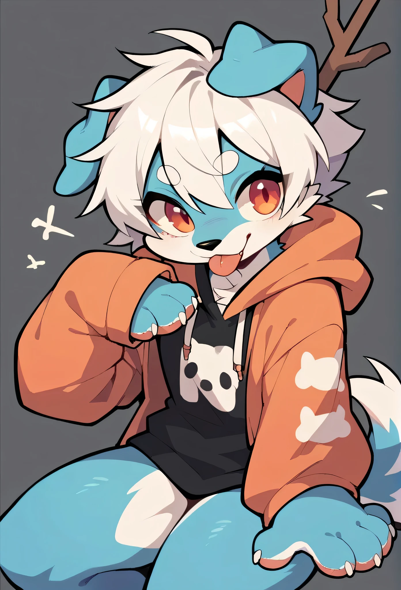 (Light blue fur,white hair,)Get involved,Stick out your tongue,Paw Clothes,hoodie clothes,dog