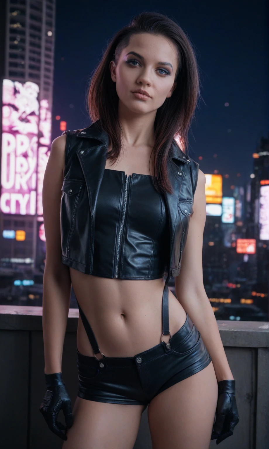 (score_9, score_8_up, score_7_up, score_6_up, score_5_up, score_4_up, realistic style, photo, photorealistic, high detail, sharp), cyberpunk style photo, beautiful cyberpunk girl, multi-colored tousled hair, slim figure, magnificent breasts, leather vest with metal inserts, black gloves, short leather shorts, metal exoskeleton, night lighting, ((against the background of the night city)), Night City, (looking at the viewer)tag1, tag2