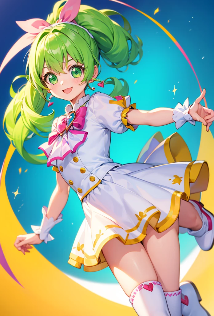 (best quality, masterpiece:1.2),1girl,  cure rhythm, wide ponytail, puffy short sleeves, brooch, heart earrings, ribbon, arm warmers, white boots, look at viewer,(green eyes:1.2),big smile