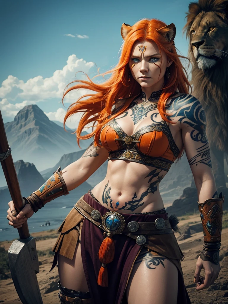 Viking woman warrior with orange hair, blue eyes. with intense gaze. with trival tattoos on the body. painted face. with an angry lion in the background