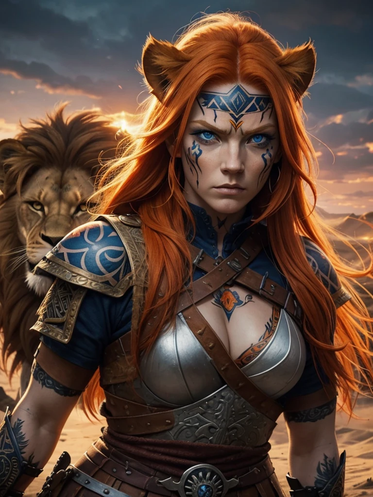 Viking woman warrior with orange hair, blue eyes. with intense gaze. with trival tattoos on the body. painted face. with an angry lion in the background