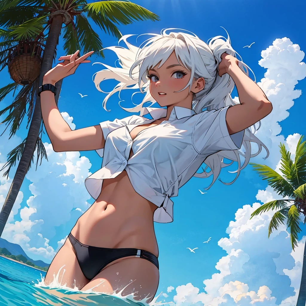 A beautiful girl wearing a white short shirt with beautiful breasts and a shiny black bikini flying high in the sky. High-quality picture with beautiful colors. View below. ,