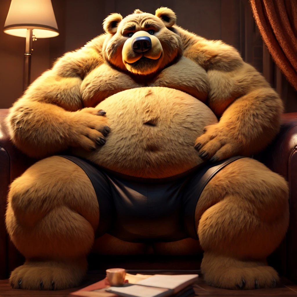 Fat Huge Daddy Furry nightmare Fredbear Bigger belly and large chunky body and Belly wearing Black Shorts and sitting on the sofa Waiting for a Hug