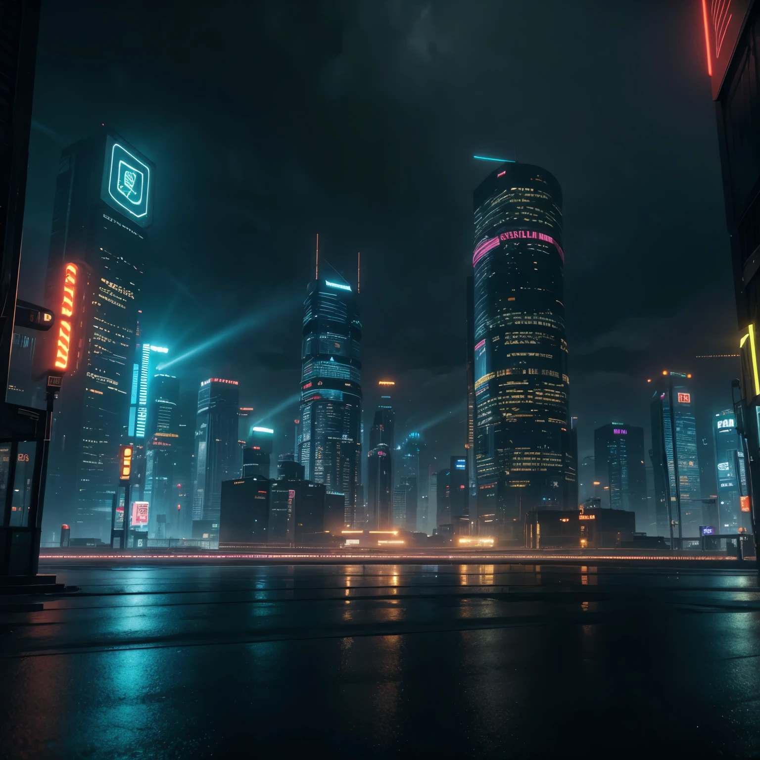 A realistic cyberpunk city with tall buildings, neon signs, and holograms, highly detailed, 8k, photorealistic, cinematic lighting, dramatic color palette, gritty atmosphere, advanced technology, futuristic, urban landscape, skyscrapers, neon lights, holographic displays, rainy weather, moody, dark and gritty, industrial, mechanical, intricate architectural details, volumetric fog, cinematic framing, stunning visuals, no people