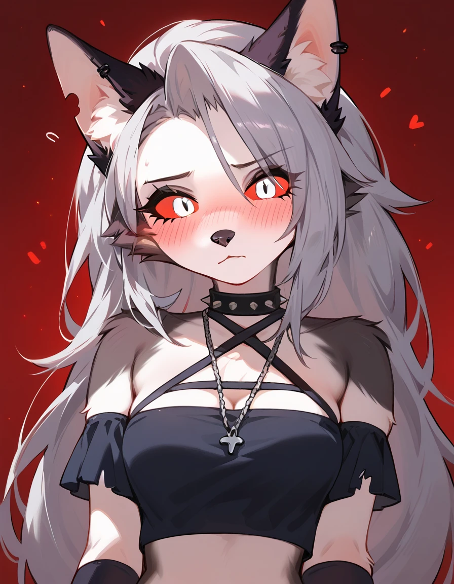 score_9, score_8_up, score_7_up, score_6_up, safe content, by vivzmind, mammal, canid, canid demon, demon, canine, anthro, female, fur, solo, hair, white body, white fur, helluva boss, holidays, hellhound, loona, red sclera, top, white eyes, midriff, blush, shy, embarrassed, summer, leaning towards viewer, medium breasts, breats squish,