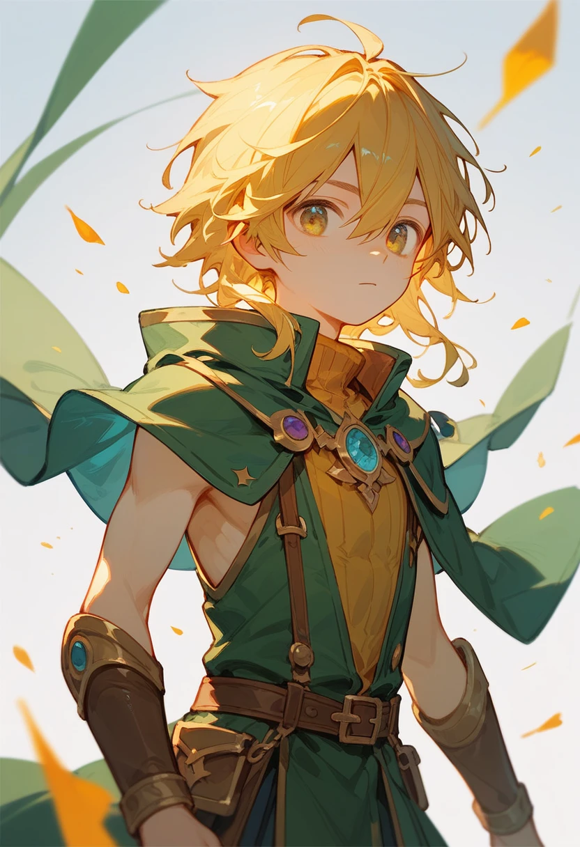 (Score_9,Score_8_up,Score_7_up), masterpiece, anime, cute young boy, wizard, upper half portrait, solo, medium hair, hair_between_eyes, complex background, yellow hair, cowboy shot