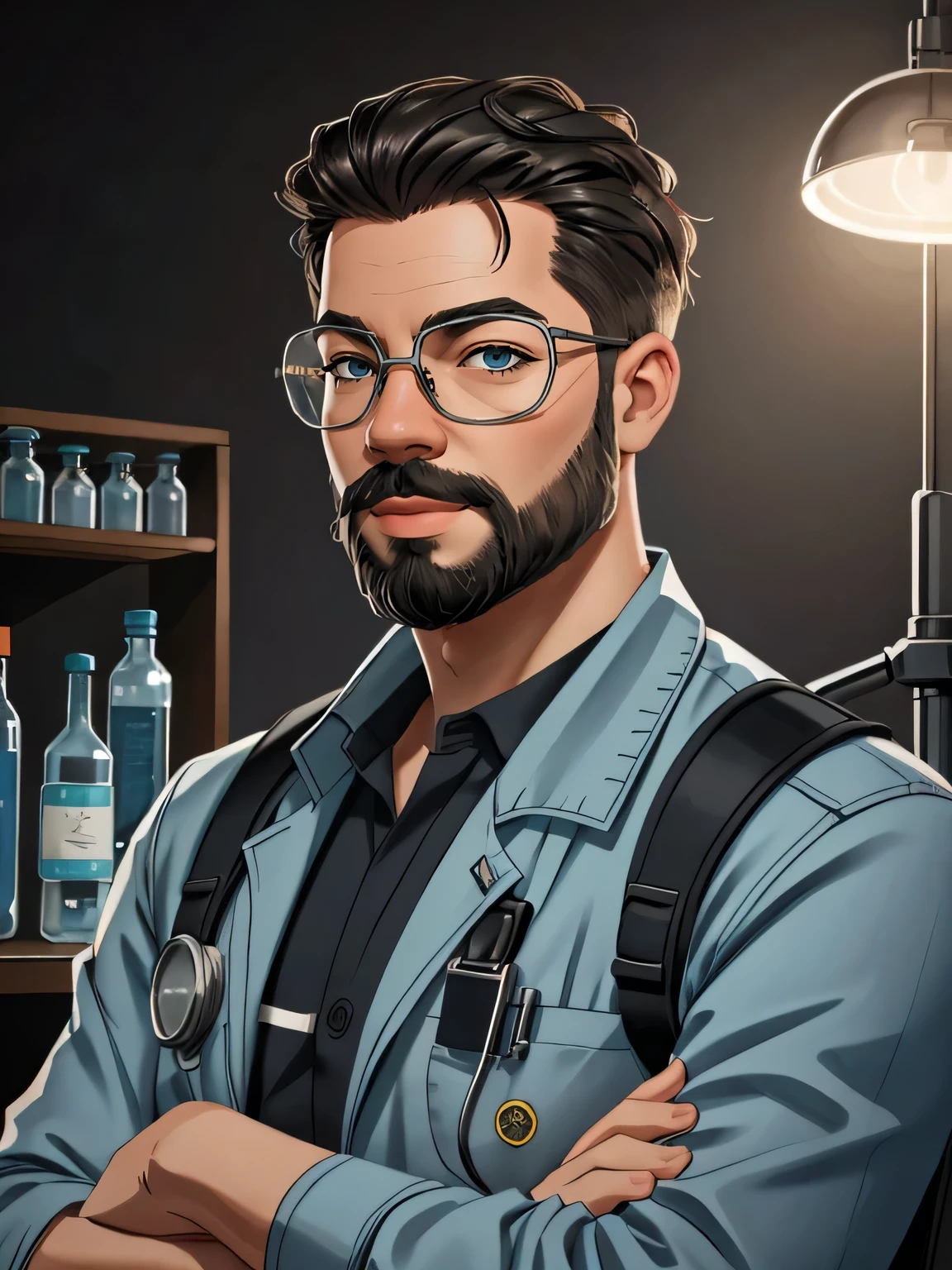 RAW photo, a Worm's Eye Angle photo,best quality, masterpiece, 1 man,  (male:1.1), beard, solo, turquoise eyes, gray fade with beard, portrait, looking at viewer, solo, (full body:0.6), detailed background, detailed face, (1940s dieselpunk theme:1.1), inventor, safety-goggles, shirt, science,  fantastical science lab in background, biology,   virology, surgical mask,  autoclave, dna, blackboard,   , flower on head, triple bun, Nikon Coolpix P500, tenebrism, (Dreamworks:1.05),hands on face, :d,busty,(high detailed skin:1.2), 8k uhd, dslr, soft lighting, high quality, film grain,Aftereffects,(30 y.o.)