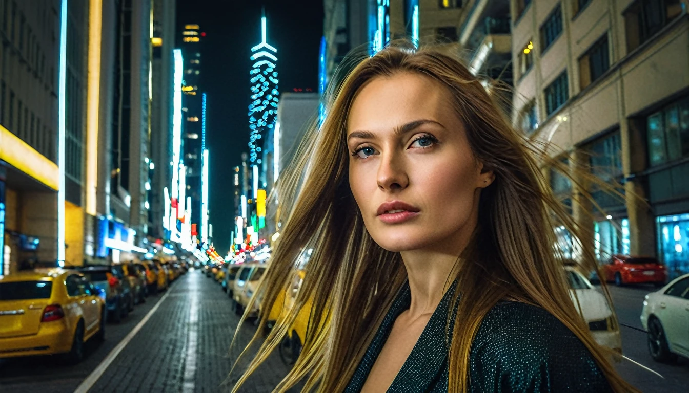 12k HDR of a metropolis with tall buildings, looking sideways, a Russian woman of unprecedented beauty, light makeup, stunning with long hair, busy streets, shot at a right angle, around her, modern cars and well-lit streets. The image should convey the vibrancy and charm of a big city at night