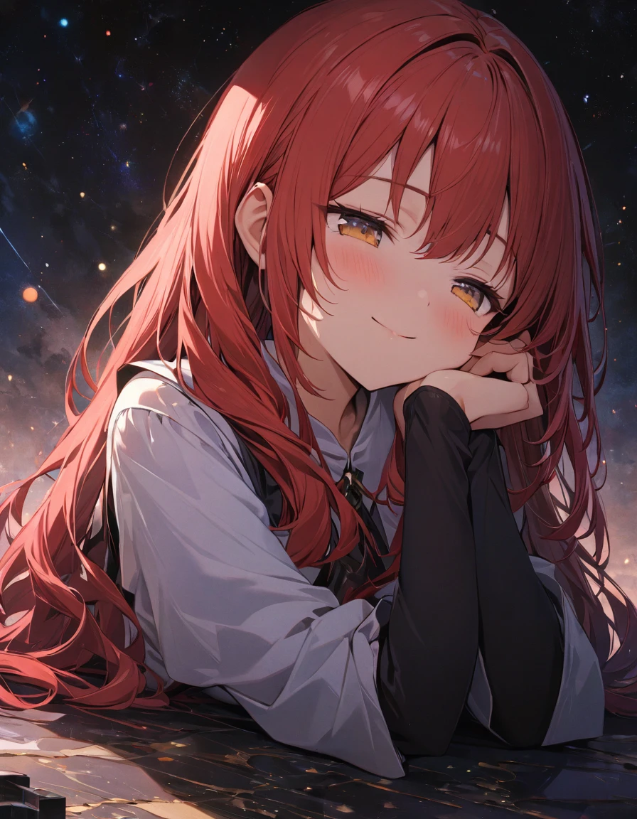 Highest quality,masterpiece,Very detailed, finely, High resolution, 8k wallpaper, finelyて美しい目,Cheek resting pose, She rests her chin on her hand, wearing her sleeves, and smiles gently. Looking down or up makes her look even cuter.Red Haired Girl