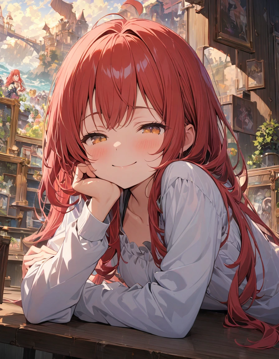 Highest quality,masterpiece,Very detailed, finely, High resolution, 8k wallpaper, finelyて美しい目,Cheek resting pose, She rests her chin on her hand, wearing her sleeves, and smiles gently. Looking down or up makes her look even cuter.Red Haired Girl