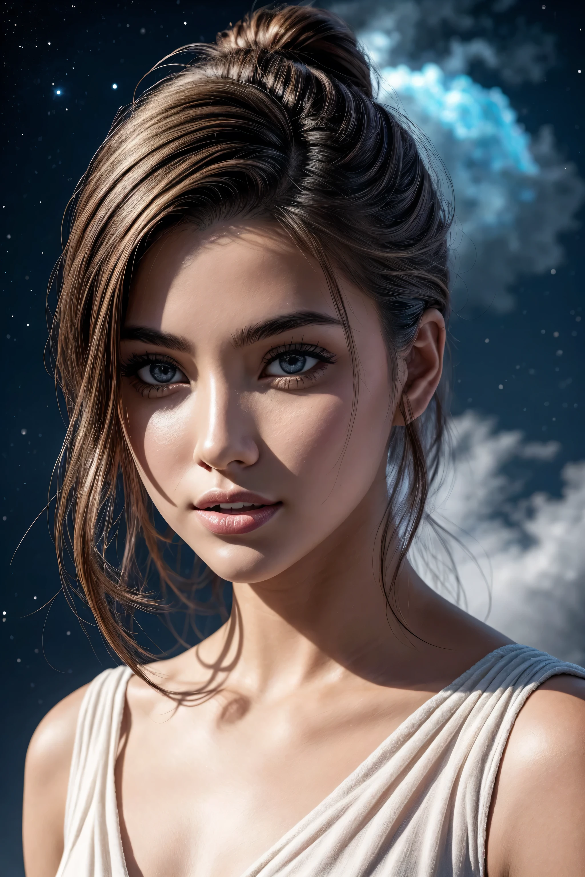 Masterpiece, an ultra hot gorgeous European woman , age 23, High Detail Eyes, Perfect Eyes, High Detail Face, Same Eyes, Glare, Rainbow Color, Global Illumination, Soft Light, Dream Light, Digital Painting, 8K, Fantasy, Night Sky, Stars, Nebula, White Crystal, Moonlight, Serenity, Summer, (8K:1.1)