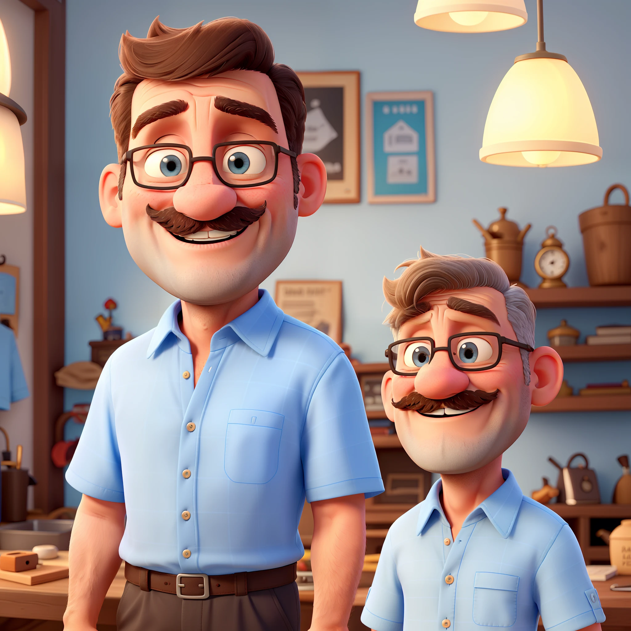 50 year old man short hair smiling little hooked nose fair skin wearing light blue shirt with dark eyes and mustache 