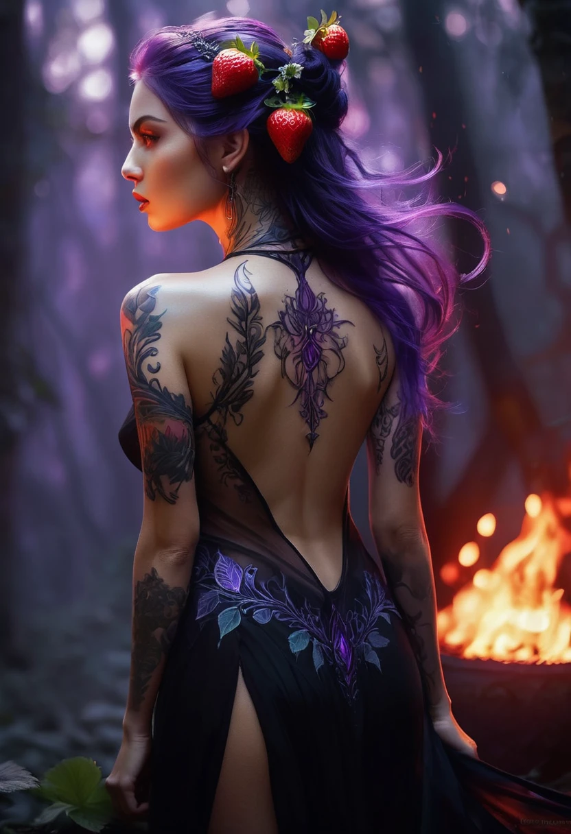 Arafed, Dark fantasy art, fantasy art, goth art, a picture of a tattoo on the back of a female elf, a glowing tattoo of a ((strawberry: 1.3)) on the elf's back, the ((strawberry tattoo)) is vivid, intricate detailed GlowingRunesAI_purple, ((fire surrounds the strawberry: 1.5)), shoot taken from the back, ((the back is visible: 1.3), she wears a transparent black dress, the dress is elegant, flowing, elven style, that the tattoos glow, dynamic hair color, dynamic hair style, faize,, Digital Painting, strwbrrxl