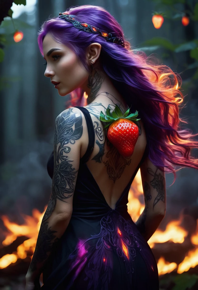 Arafed, Dark fantasy art, fantasy art, goth art, a picture of a tattoo on the back of a female elf, a glowing tattoo of a ((strawberry: 1.3)) on the elf's back, the ((strawberry tattoo)) is vivid, intricate detailed GlowingRunesAI_purple, ((fire surrounds the strawberry: 1.5)), shoot taken from the back, ((the back is visible: 1.3), she wears a transparent black dress, the dress is elegant, flowing, elven style, that the tattoos glow, dynamic hair color, dynamic hair style, faize,, Digital Painting, strwbrrxl