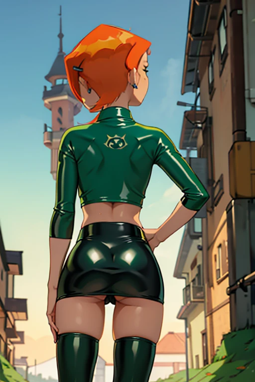 Gwen tennyson sexy, view from behind, provocative, green latex tight skirt, In puppy pose,(view from behind) (backward) (big ass)