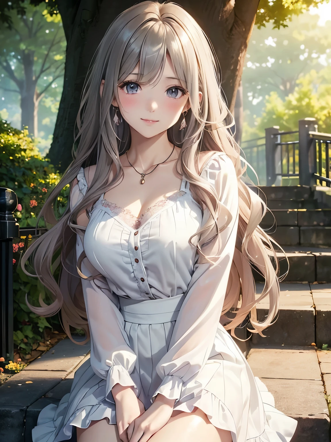 (Highest quality, High resolution,  Masterpiece, 4K), (Soft light、Luster of hair、Beautiful eyes)、young woman、The whole body is visible、Adorable smile、 ((Wavy long hair, bangs, Light-colored hair)), ((Wistful eyes、Gray Eyes, Perfect Eyes)), ((Detailed face, blush:1.1)), ((Smooth texture:0.75, Realistic texture:0.65, Realistic:1.1, Anime CG Style)),Large Breasts、Glamorous Body、(Blouse with lace、Frilled Skirt、I can see your attractive thighs), Beautiful necklace、Cute Earrings、Coming down the big stairs in the park、Walk along the tree-lined avenue、Strong sunlight、Brush your hair up、Angle from below++
