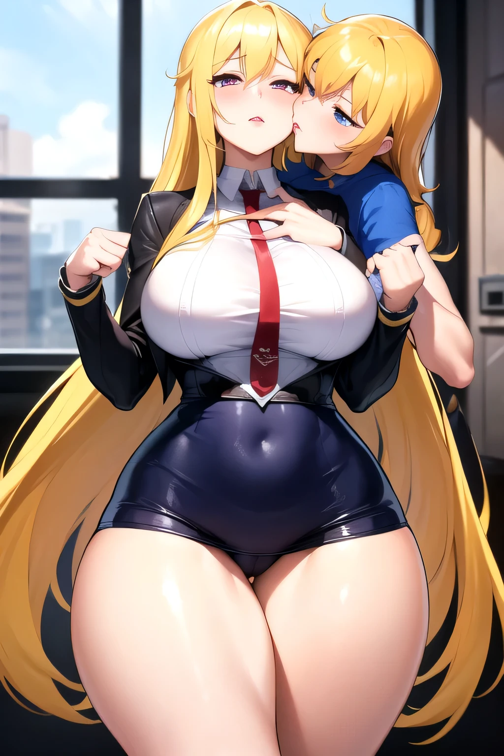 Lesbian (very long loose yellow hair)(big breasts, big thighs)(with clothes it is very tight) that he is kissing at school with his girlfriend,(big breasts, big thighs)lesbian love