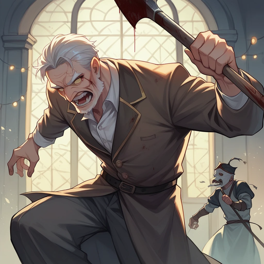 A 35-year-old man in a suit and Chinese mask in a medieval cell holding a bloody axe,80 mm, Scary lights